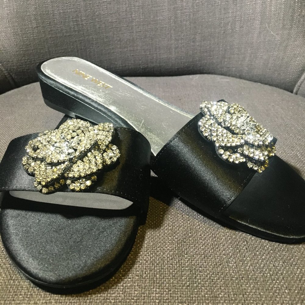 New Nine West black rhinestone slide sandals sz 9